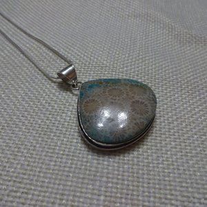 Stunning "TEAL FOSSIL CORAL" Handmade Sterling Pendant/Chain #495B